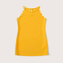 Load image into Gallery viewer, Vibrant yellow girls dress. Featuring tank top racer back and scalloped design.
