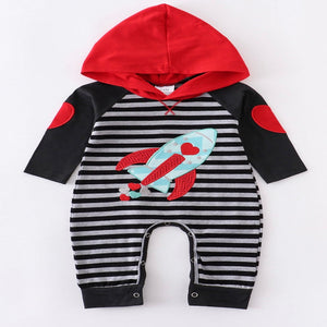 One piece baby romper with hood, rocket and heart design.