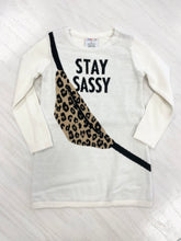 Load image into Gallery viewer, Girls&#39; sweater dress with saying &quot;stay sassy.&quot;