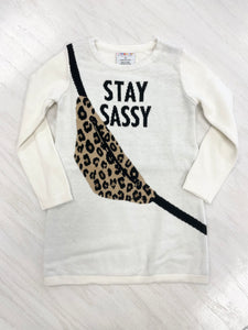 Girls' sweater dress with saying "stay sassy."