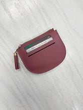 Load image into Gallery viewer, Dusty rose colored change purse with zipper closure and six slots to securley hold cards