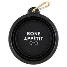 Load image into Gallery viewer, Black collapsible pet bowl with the saying &quot;Bone appetit.&quot;