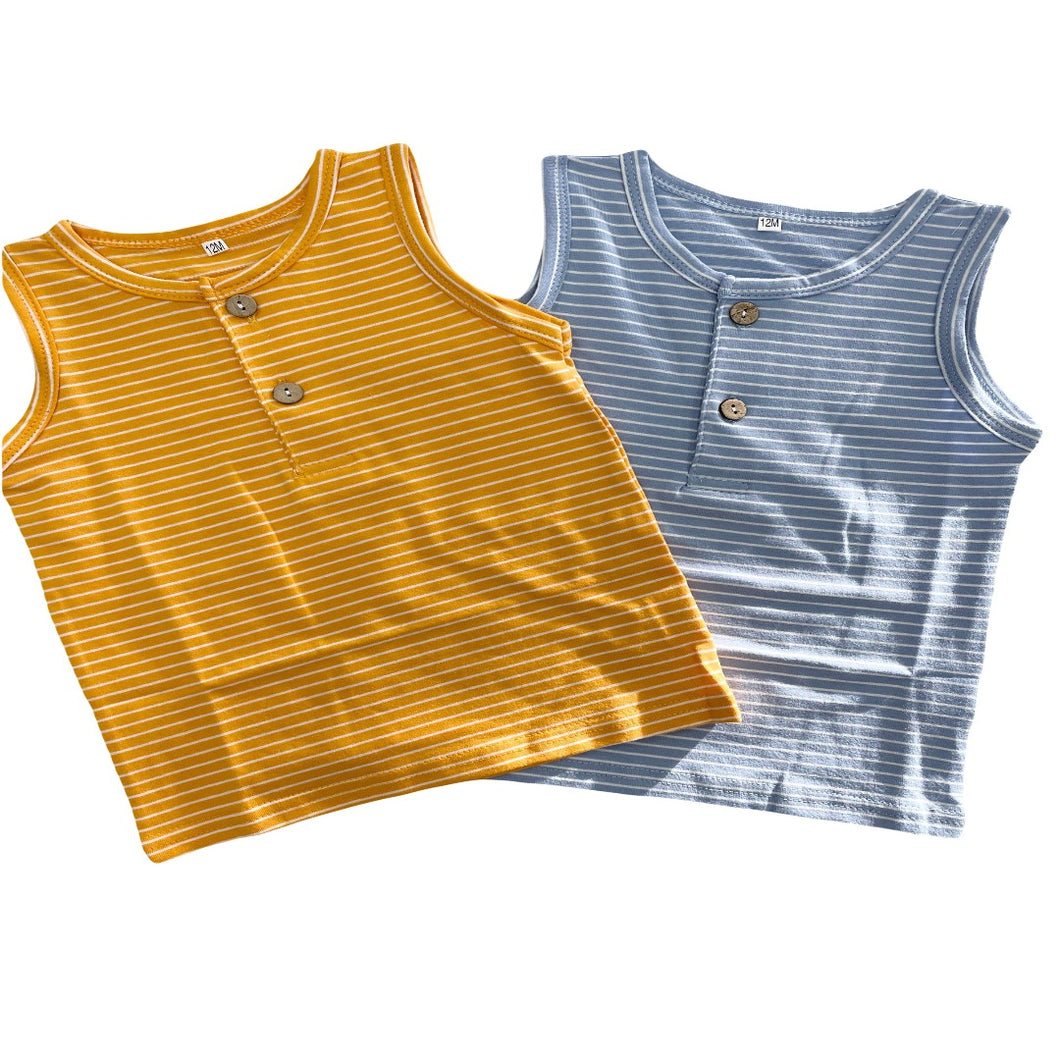 Cotton stripped tank tops with functioning buttons. Two color options and gender neutral.