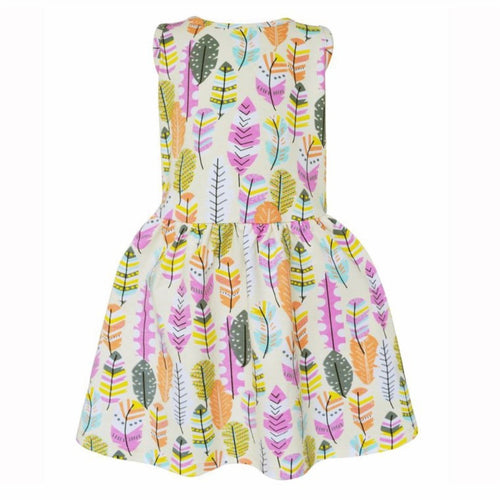 Cotton dress with vibrant colors and feather details.